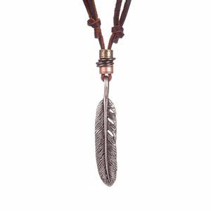 Men’s Feather Pendant Necklace Leather Cord